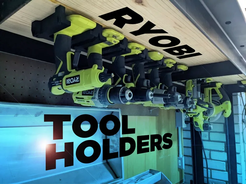 Six Ryobi ONE+ tools hanging under a shelf in the printed holders