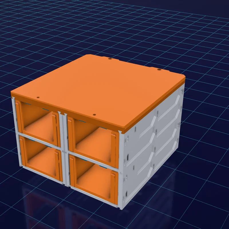The same four cases with covers closed and four orange drawers seated in them.