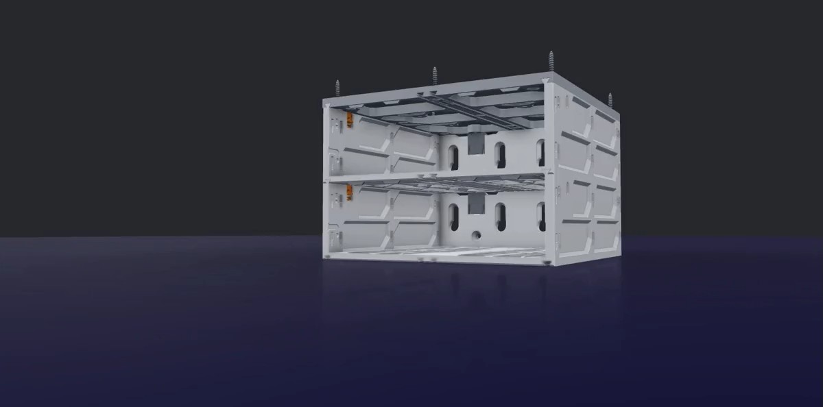 Animation, close on the slot in a case flank: the QuickLock tab presses down, the case slides out of its rails, and the tab springs back up.