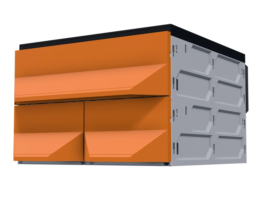 The same three-drawer build, wall-mounted: Fixed to a wall on a bracket, with rows hanging below.