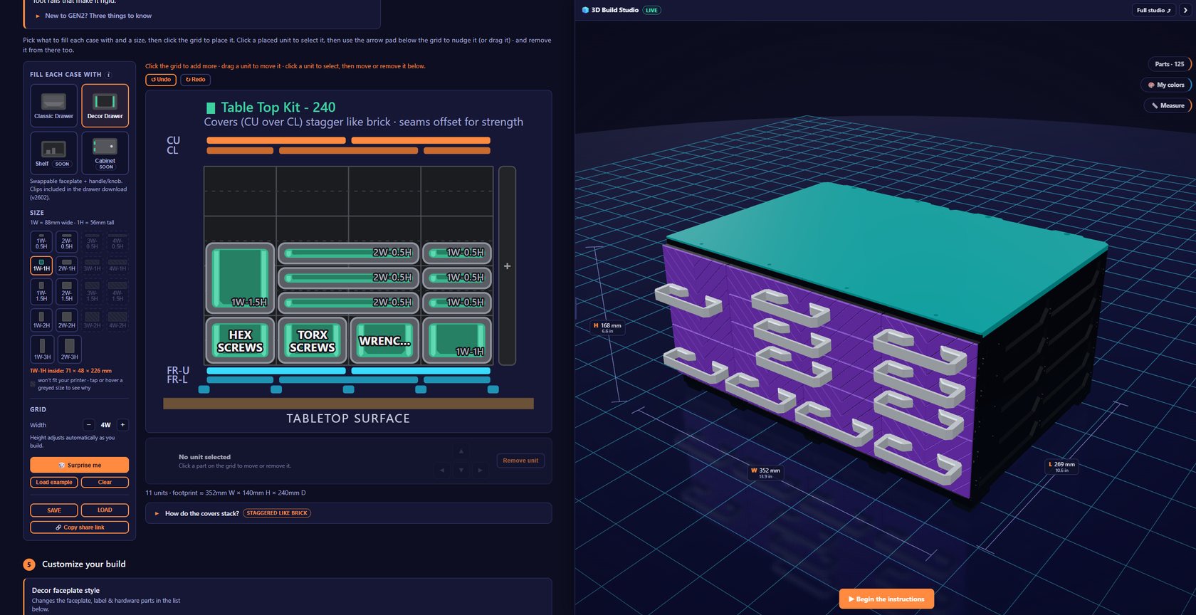 The MODULITH Planner: a build laid out on the grid beside its live 3D Build Studio model